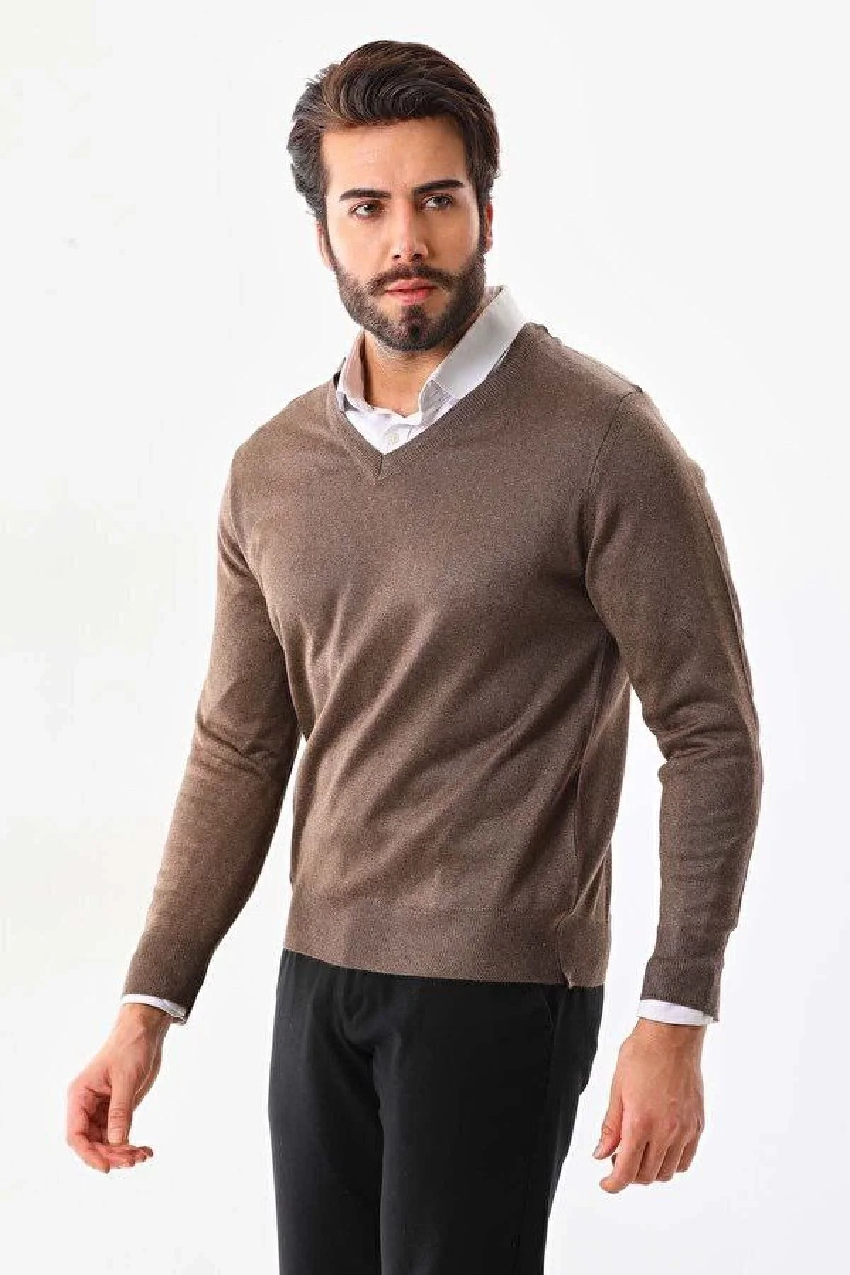 Erkek V Yaka Kazak Uzun Kol Düz Dokuma Triko - Vizon