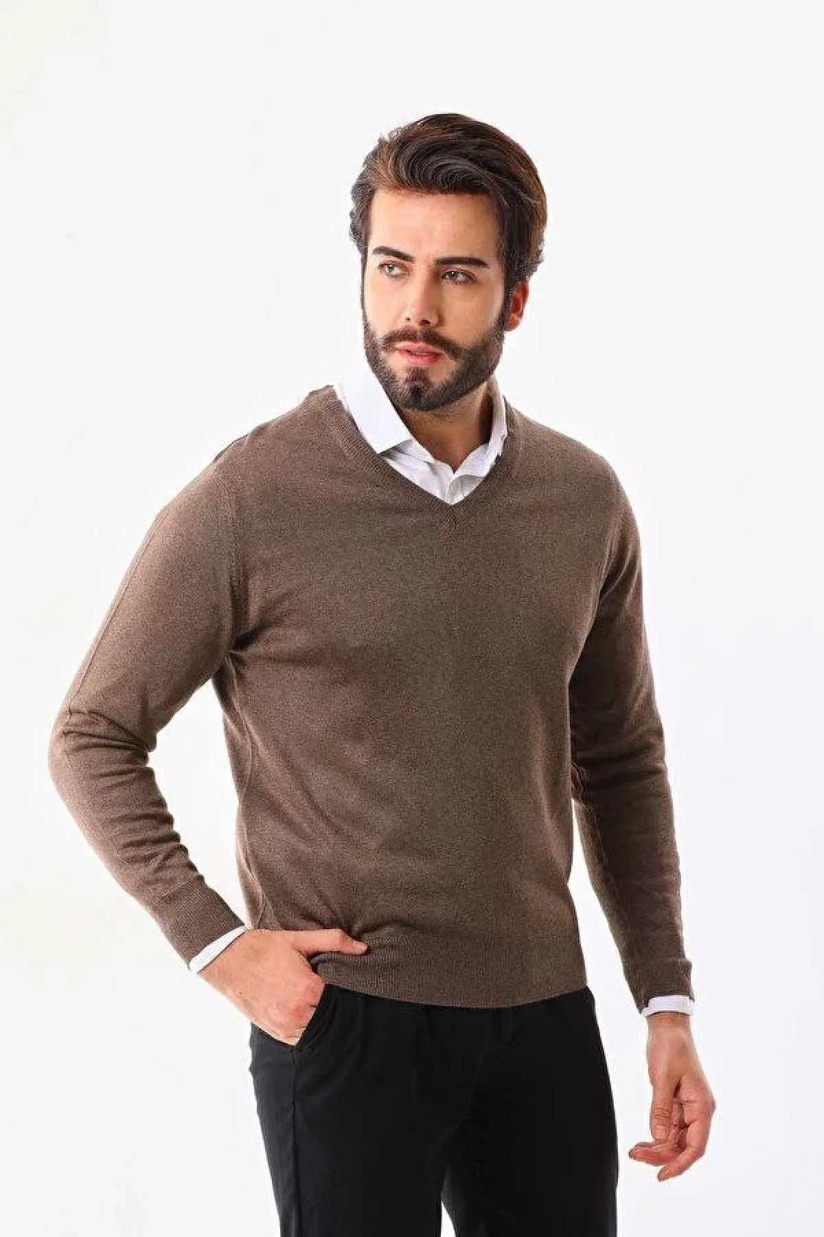 Erkek V Yaka Kazak Uzun Kol Düz Dokuma Triko - Vizon