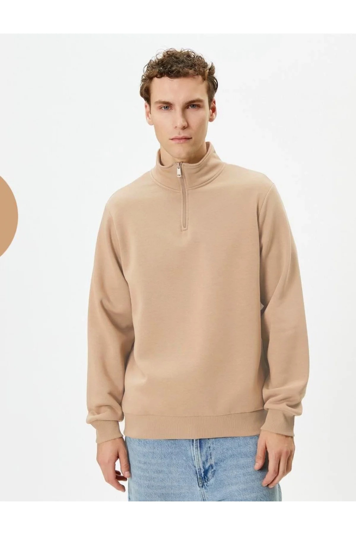 Erkek 3 iplik Pamuklu Uzun Kol Yarım Farmuarlı Yakalı SweatShirt - Bej