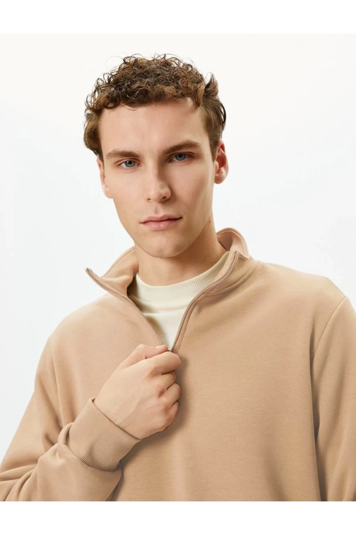 Erkek 3 iplik Pamuklu Uzun Kol Yarım Farmuarlı Yakalı SweatShirt - Bej