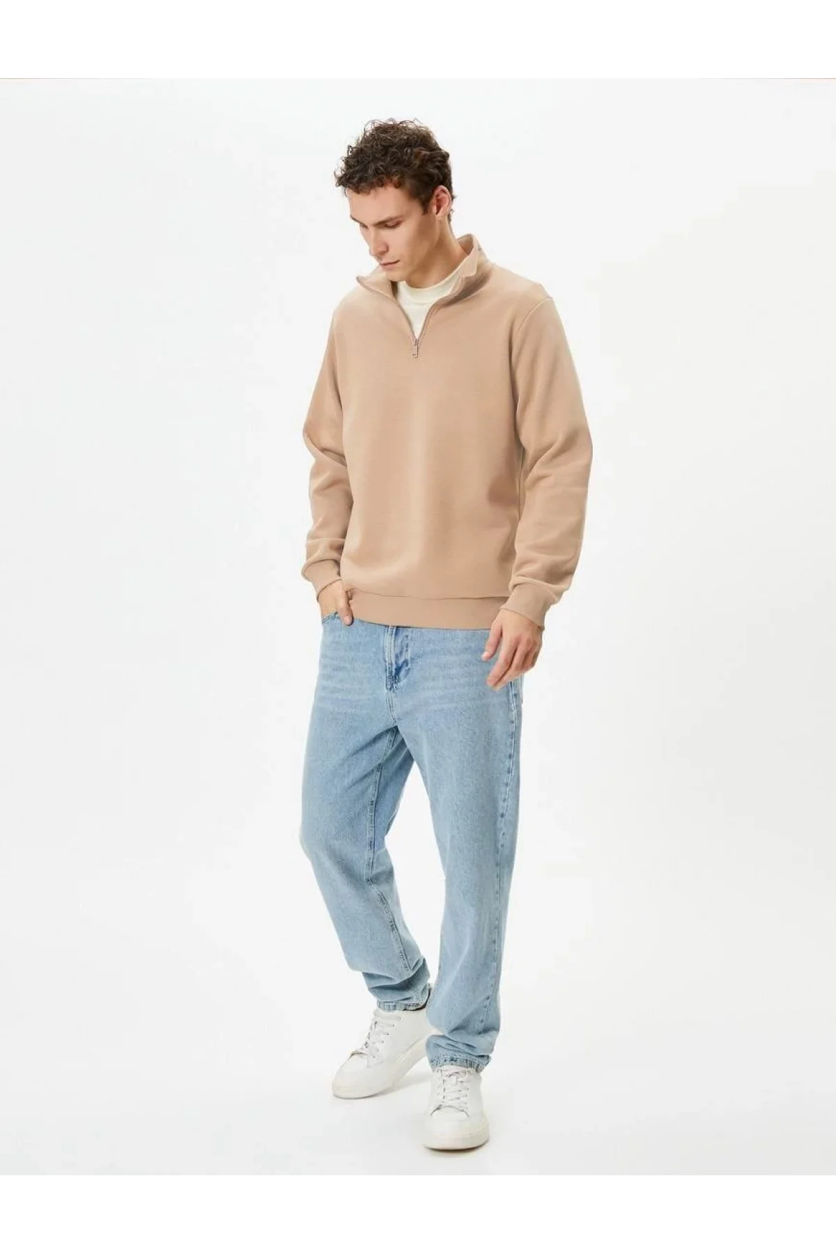 Erkek 3 iplik Pamuklu Uzun Kol Yarım Farmuarlı Yakalı SweatShirt - Bej