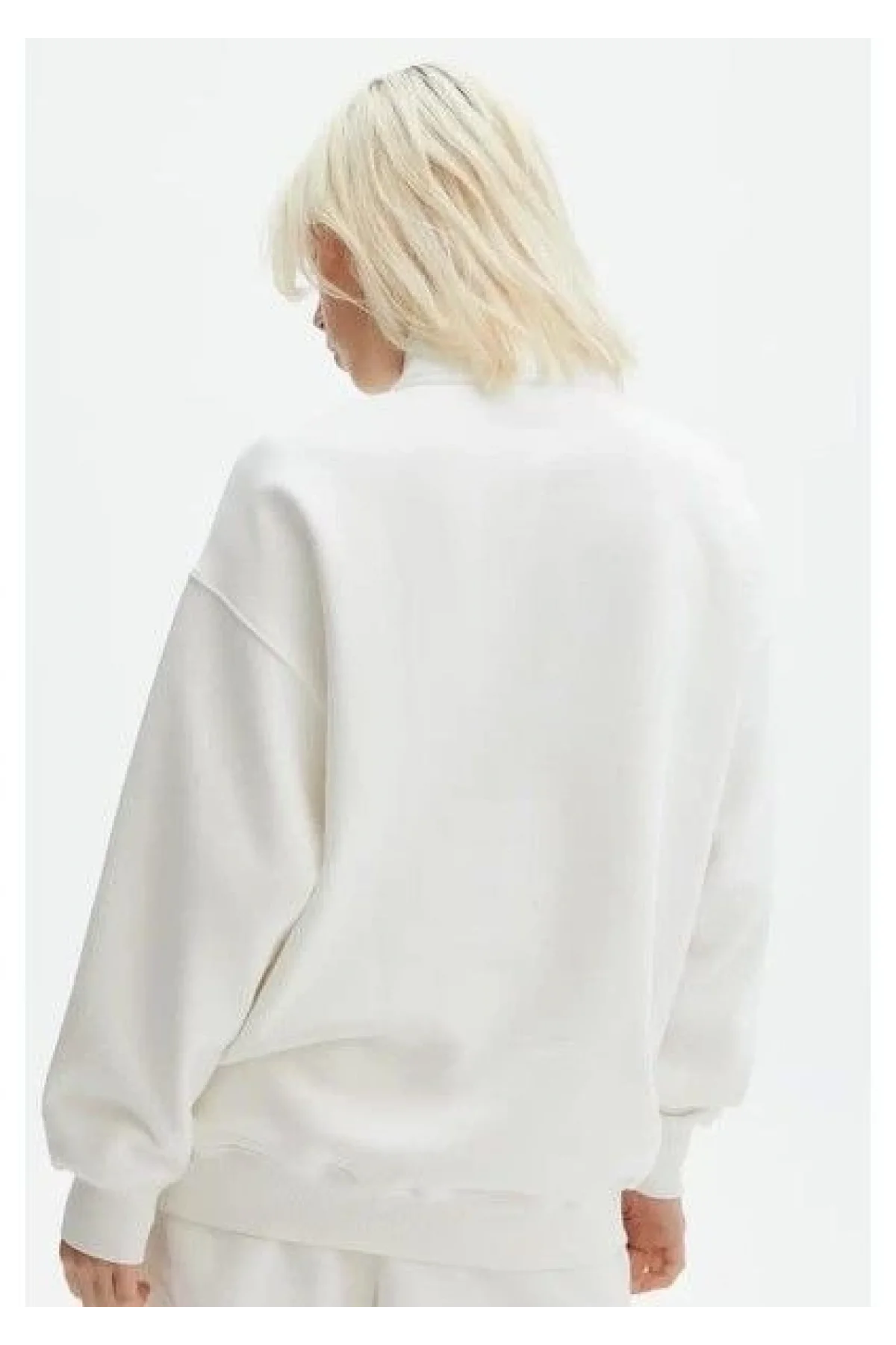 Unisex Uzun Kol Yarım Farmuarlı Yakalı Basic SweatShirt - Beyaz