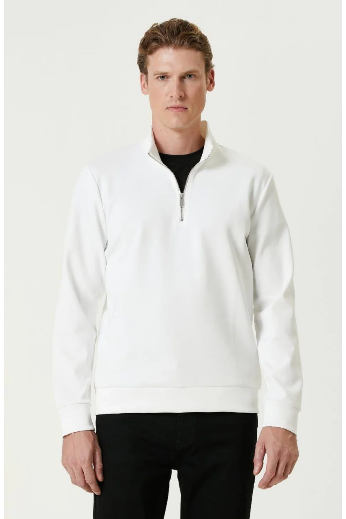 Erkek 3 iplik Pamuklu Uzun Kol Yarım Farmuarlı Yakalı SweatShirt - - Beyaz