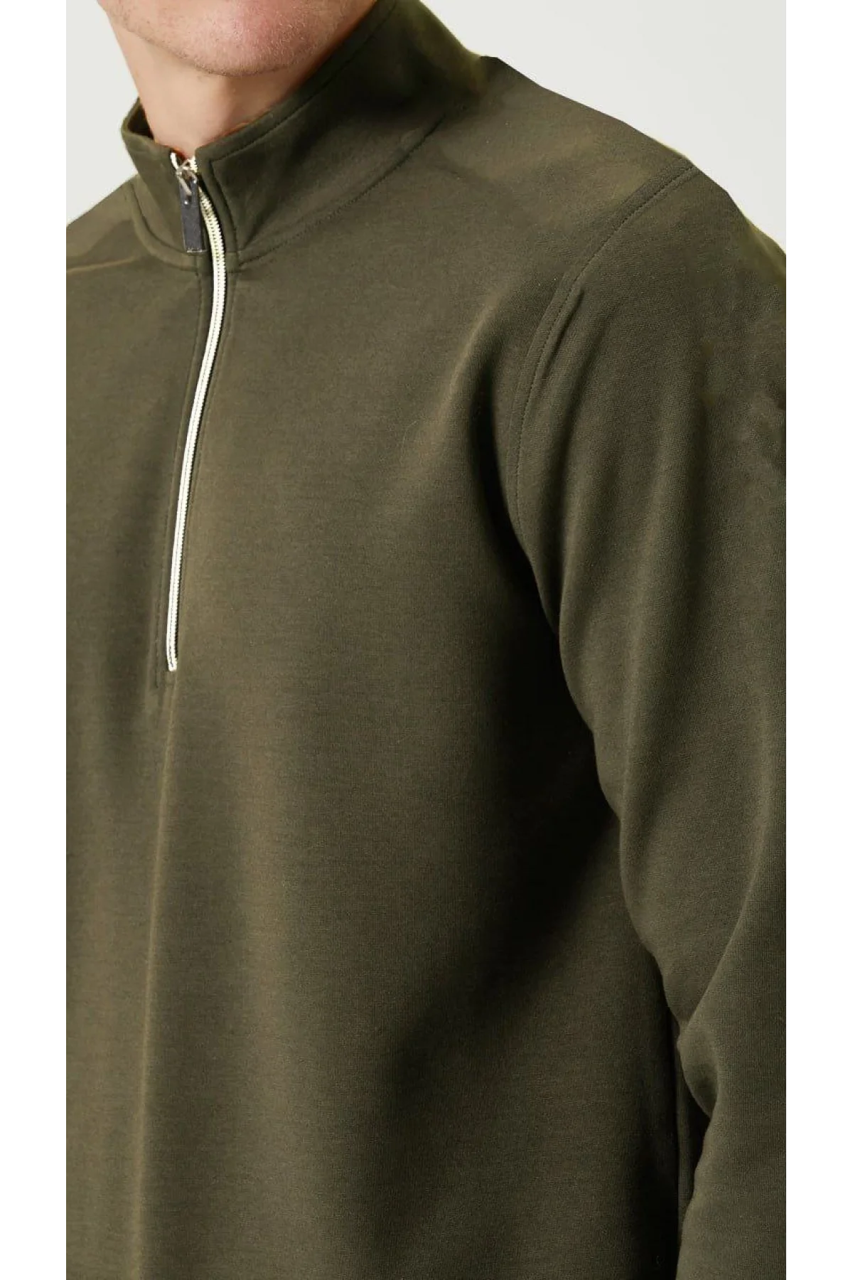 Erkek 3 iplik Pamuklu Uzun Kol Yarım Farmuarlı Yakalı SweatShirt - - Haki