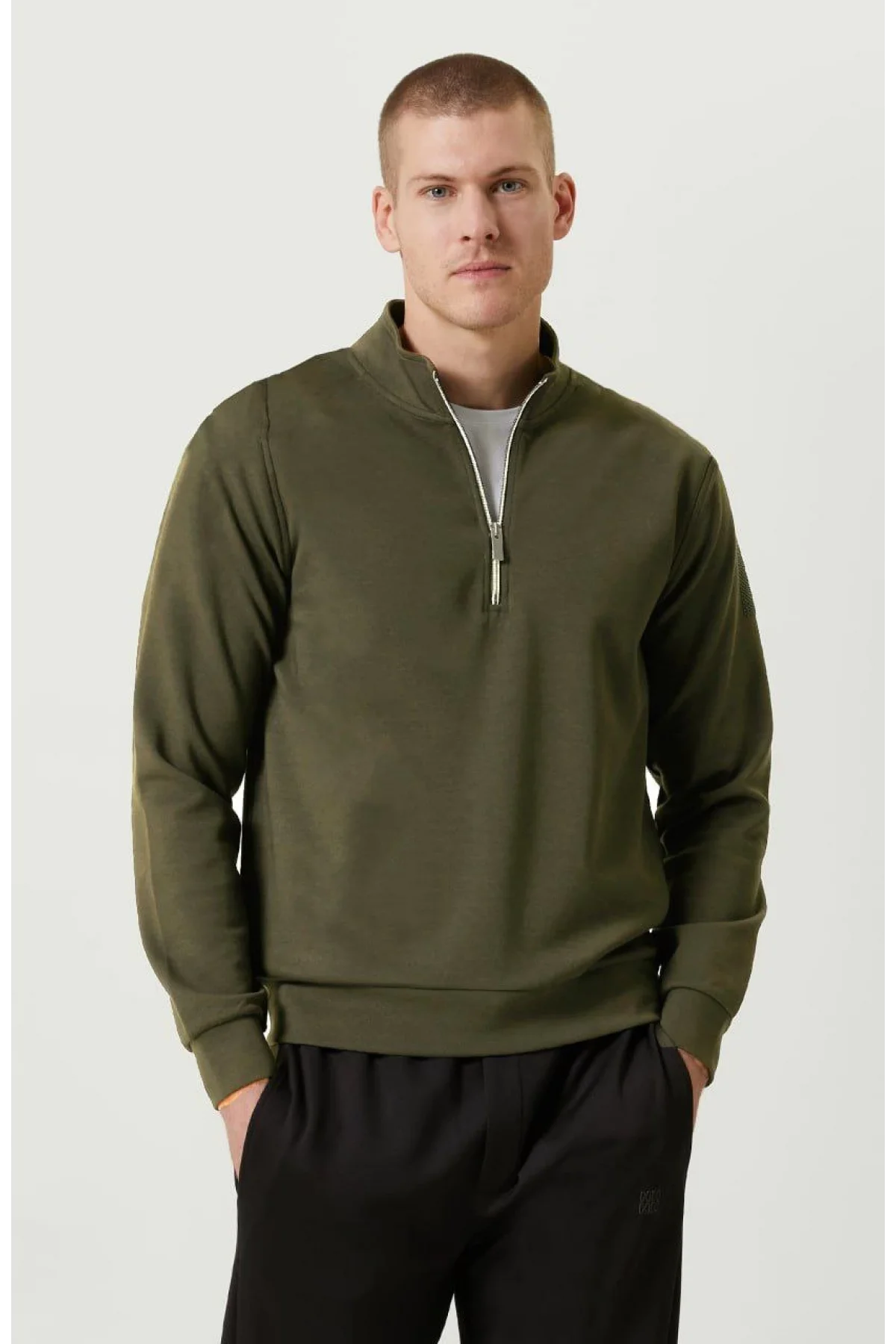 Erkek 3 iplik Pamuklu Uzun Kol Yarım Farmuarlı Yakalı SweatShirt - - Haki