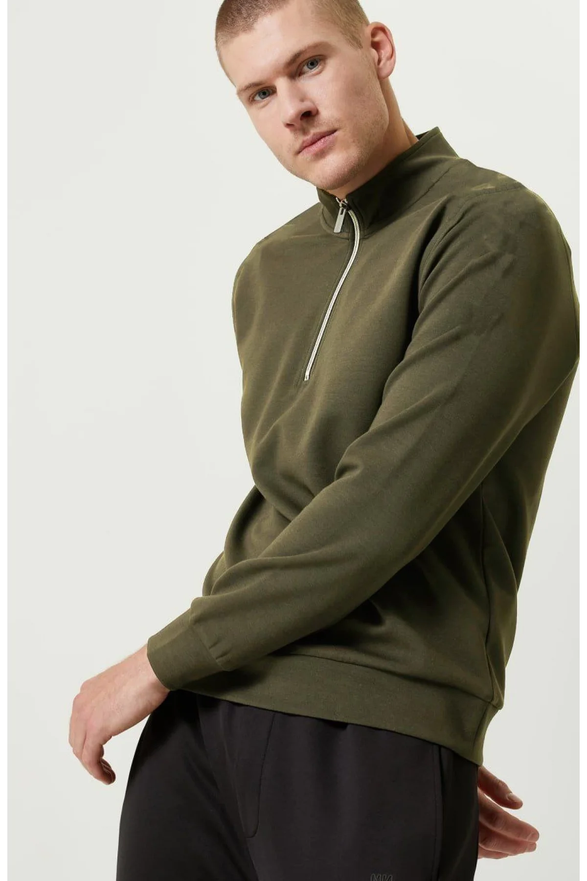 Erkek 3 iplik Pamuklu Uzun Kol Yarım Farmuarlı Yakalı SweatShirt - - Haki