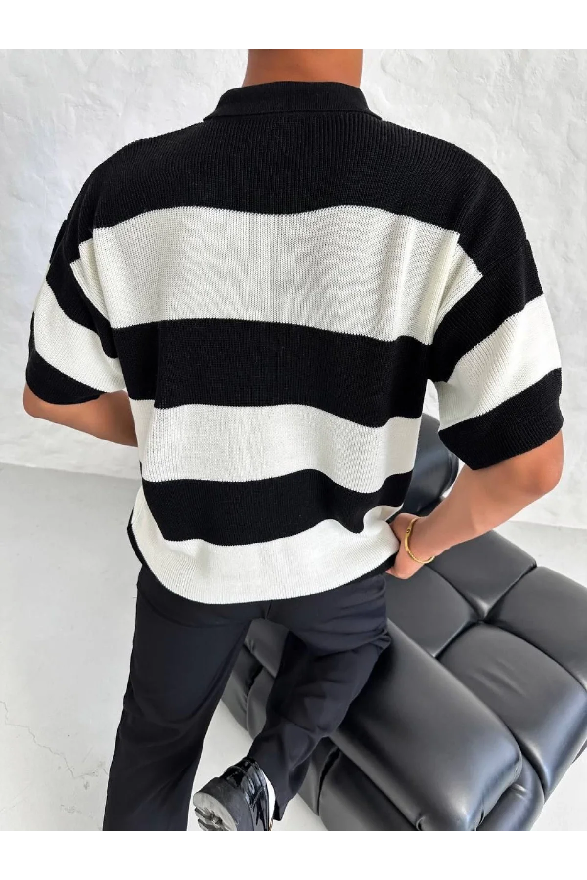 Erkek Yakalı Düğmeli Triko T-Shirt - Siyah