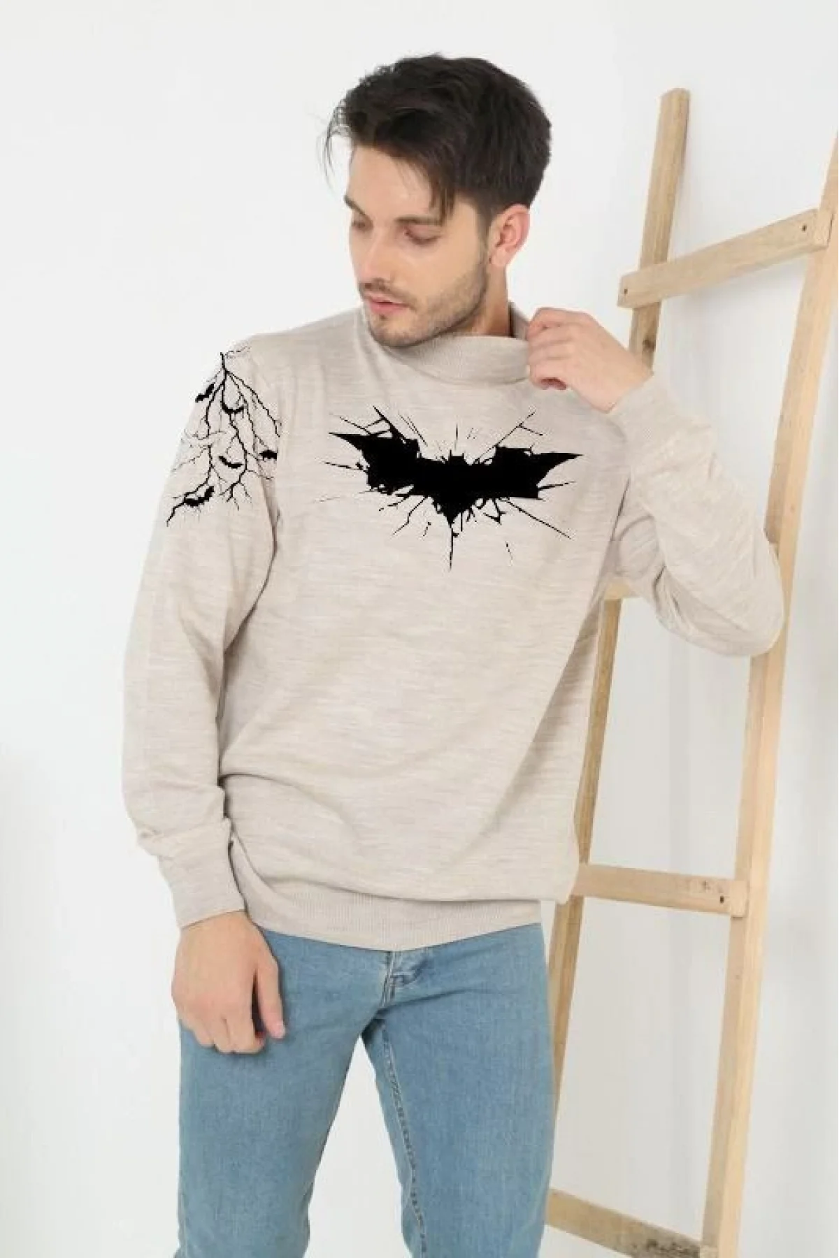 Erkek Yarım Bağazlı Kazak Baskılı Dokuma Triko - Bej