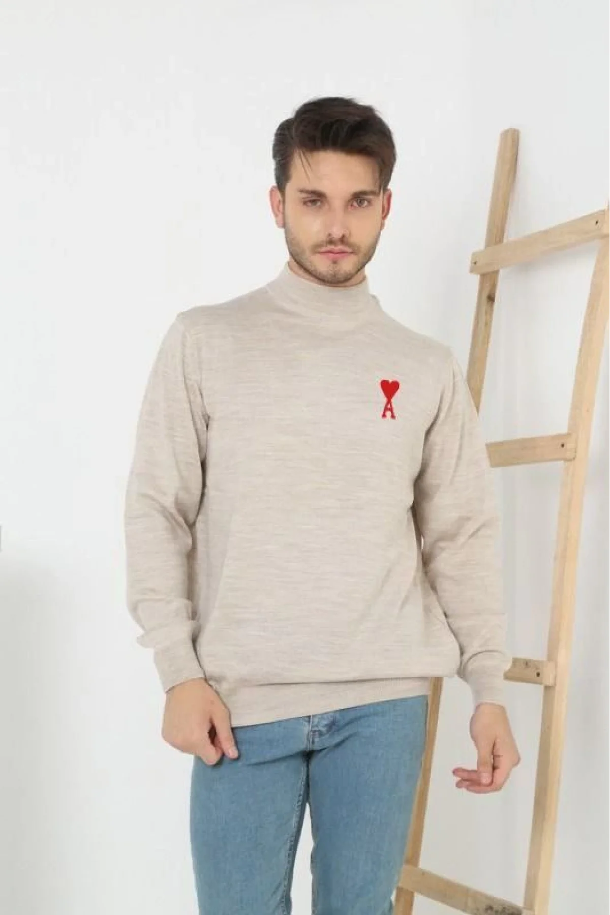 Erkek Yarım Bağazlı Kazak Baskılı Dokuma Triko - Bej