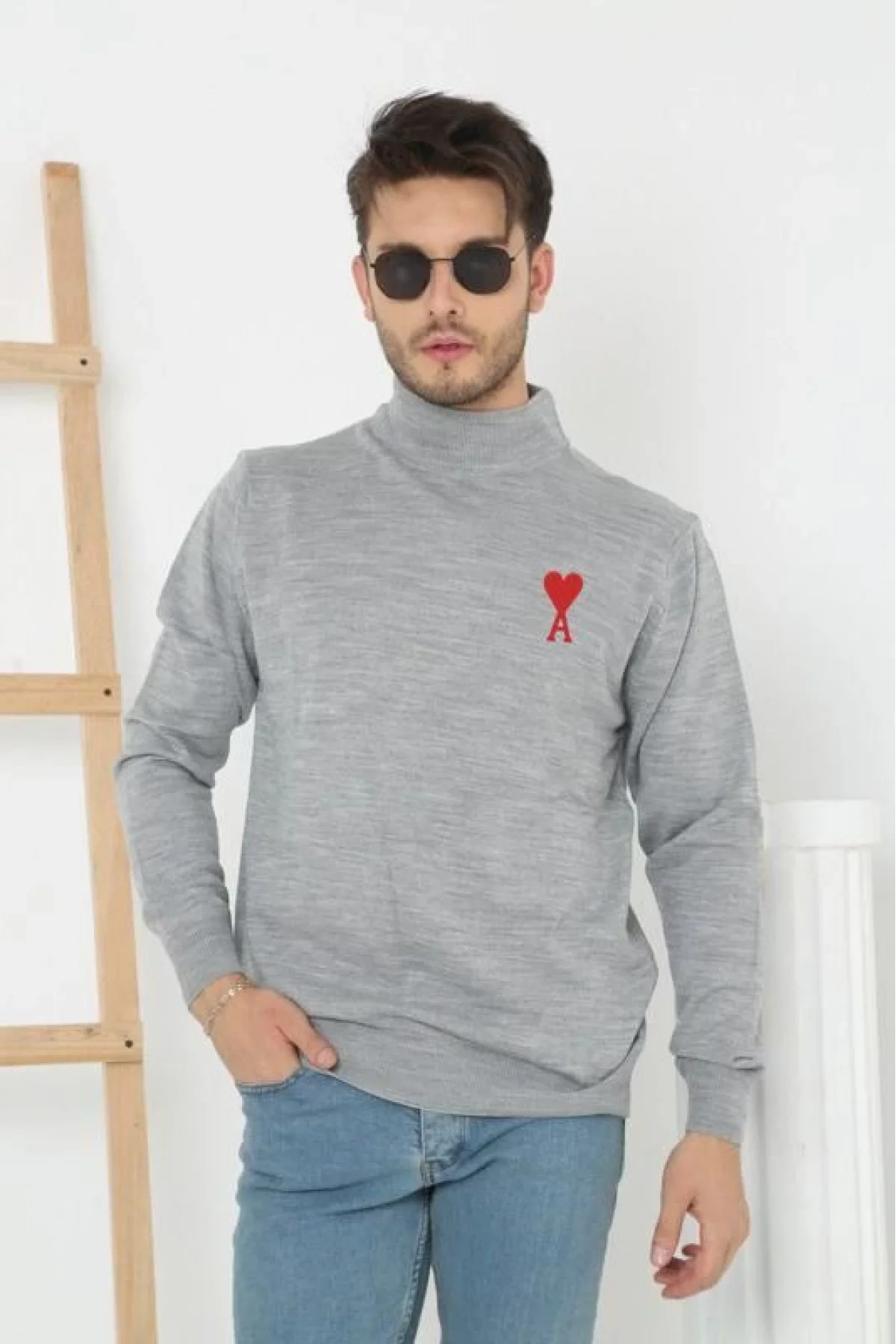 Erkek Yarım Bağazlı Kazak Baskılı Dokuma Triko - Gri