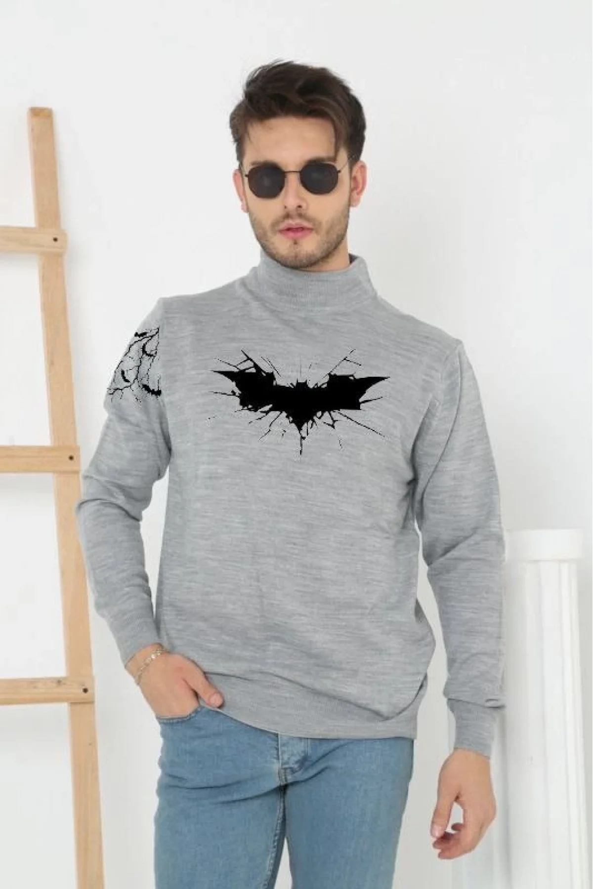 Erkek Yarım Bağazlı Kazak Baskılı Dokuma Triko - Gri