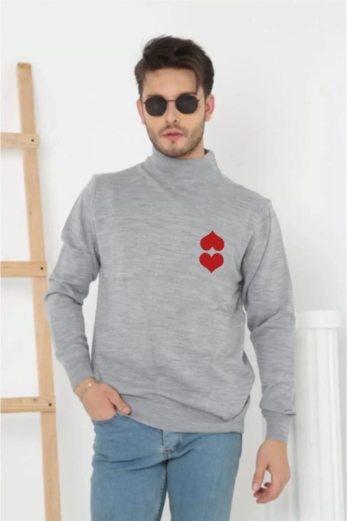 Erkek Yarım Bağazlı Kazak Baskılı Dokuma Triko - Gri