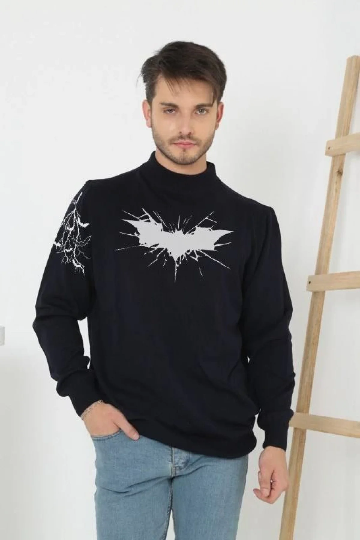Erkek Yarım Bağazlı Kazak Baskılı Dokuma Triko - Siyah