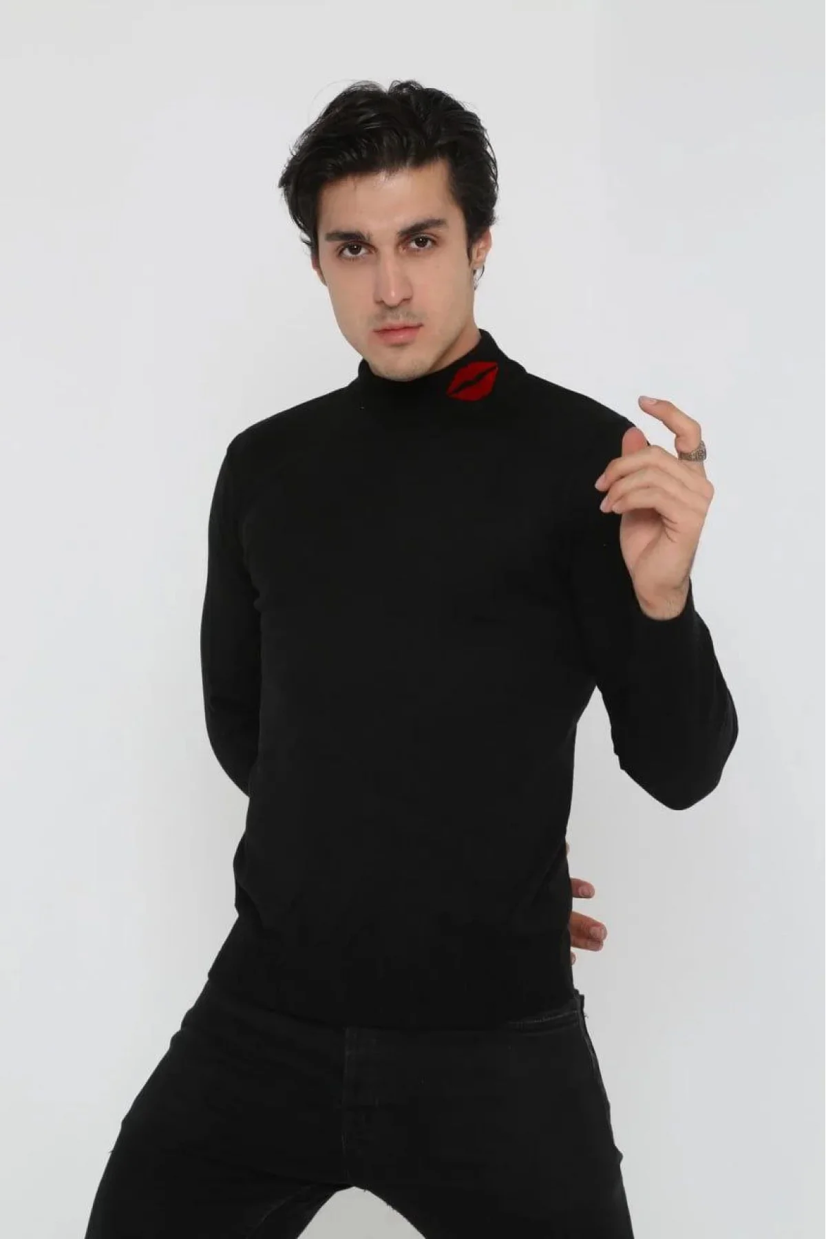 Erkek Yarım Bağazlı Kazak öpücük Baskılı Dokuma Triko - Siyah