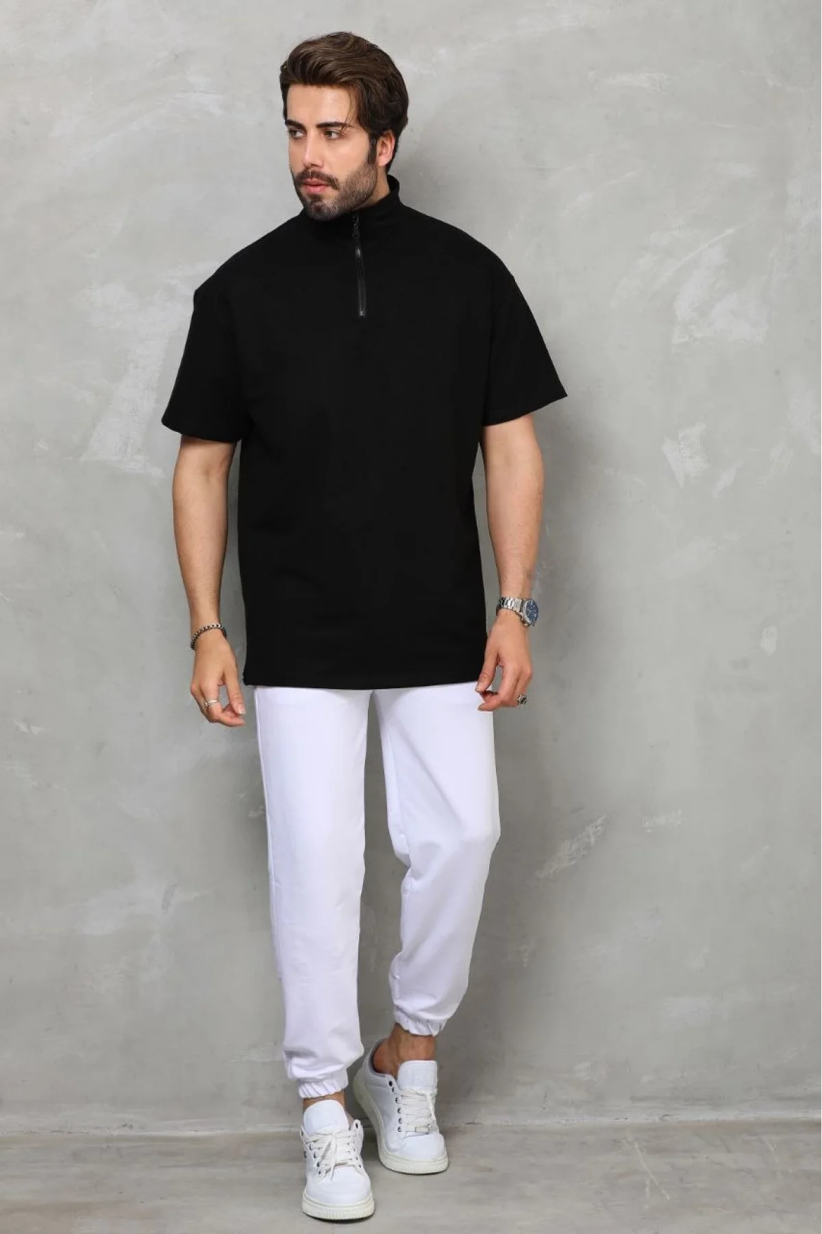 Unisex Yarım Fermuarlı Düz Oversize T-shirt - Siyah