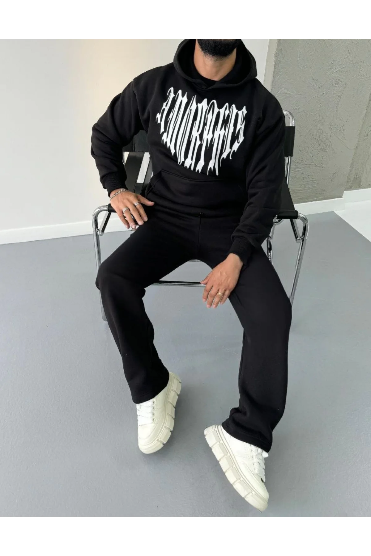 Uzun Kol Kapüşonlu Baskılı SweatShirt - Siyah