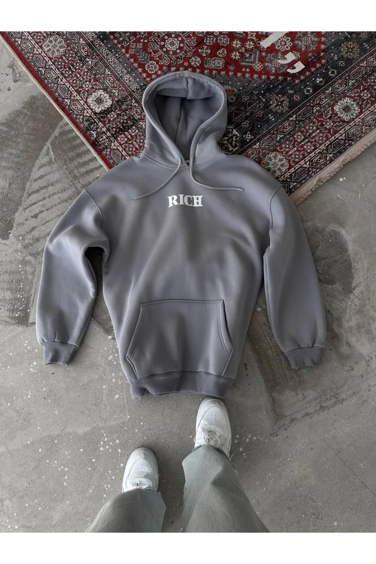 Erkek 3 İplik Pamuklu Kapüşonlu Kanguru Cepli Baskılı Oversize Hoodie Sweatshirt - Gri