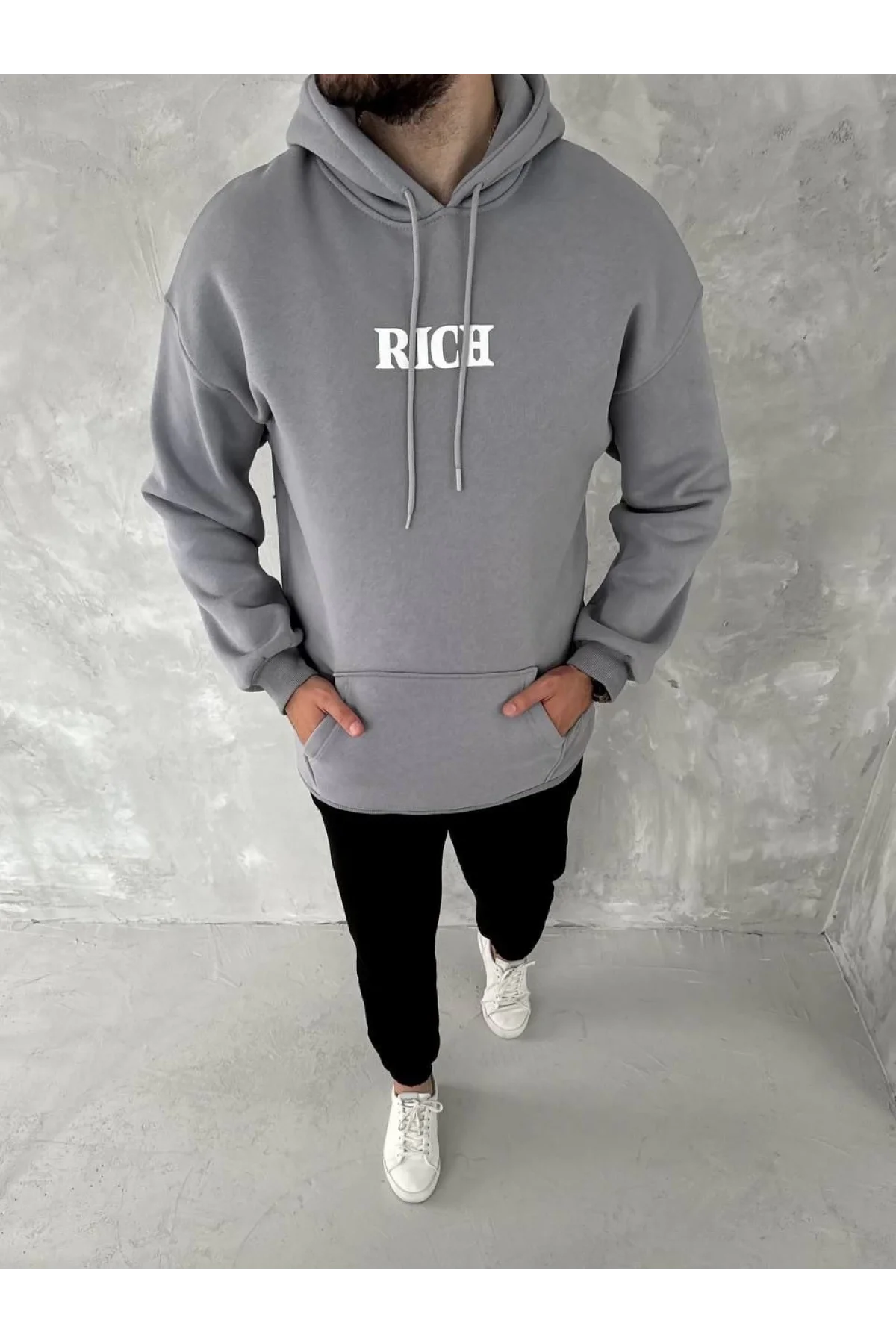 Erkek 3 İplik Pamuklu Kapüşonlu Kanguru Cepli Baskılı Oversize Hoodie Sweatshirt - Gri