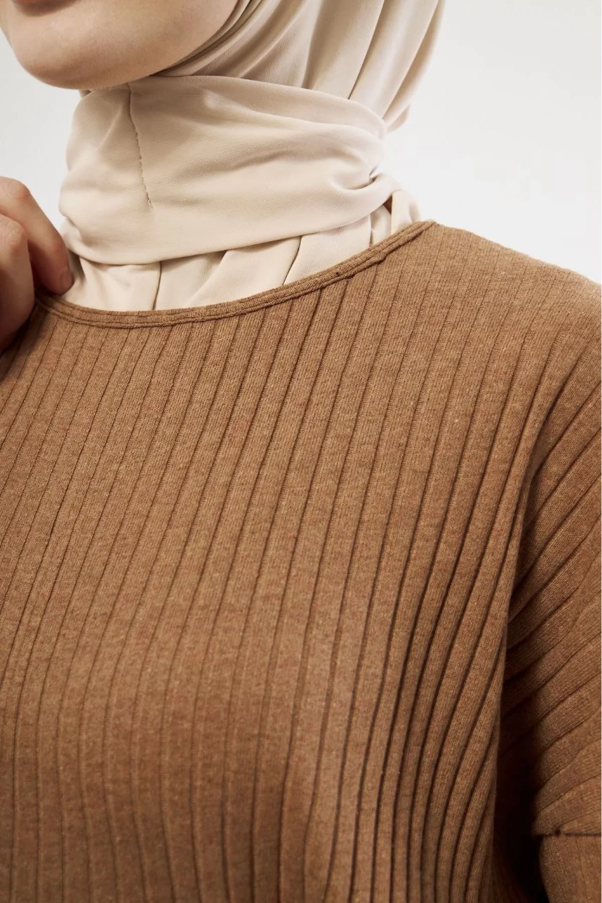 Uzun Kollu Organik Yıkanmış Kumaş Fitilli Pantolonlu Takım - Kahve