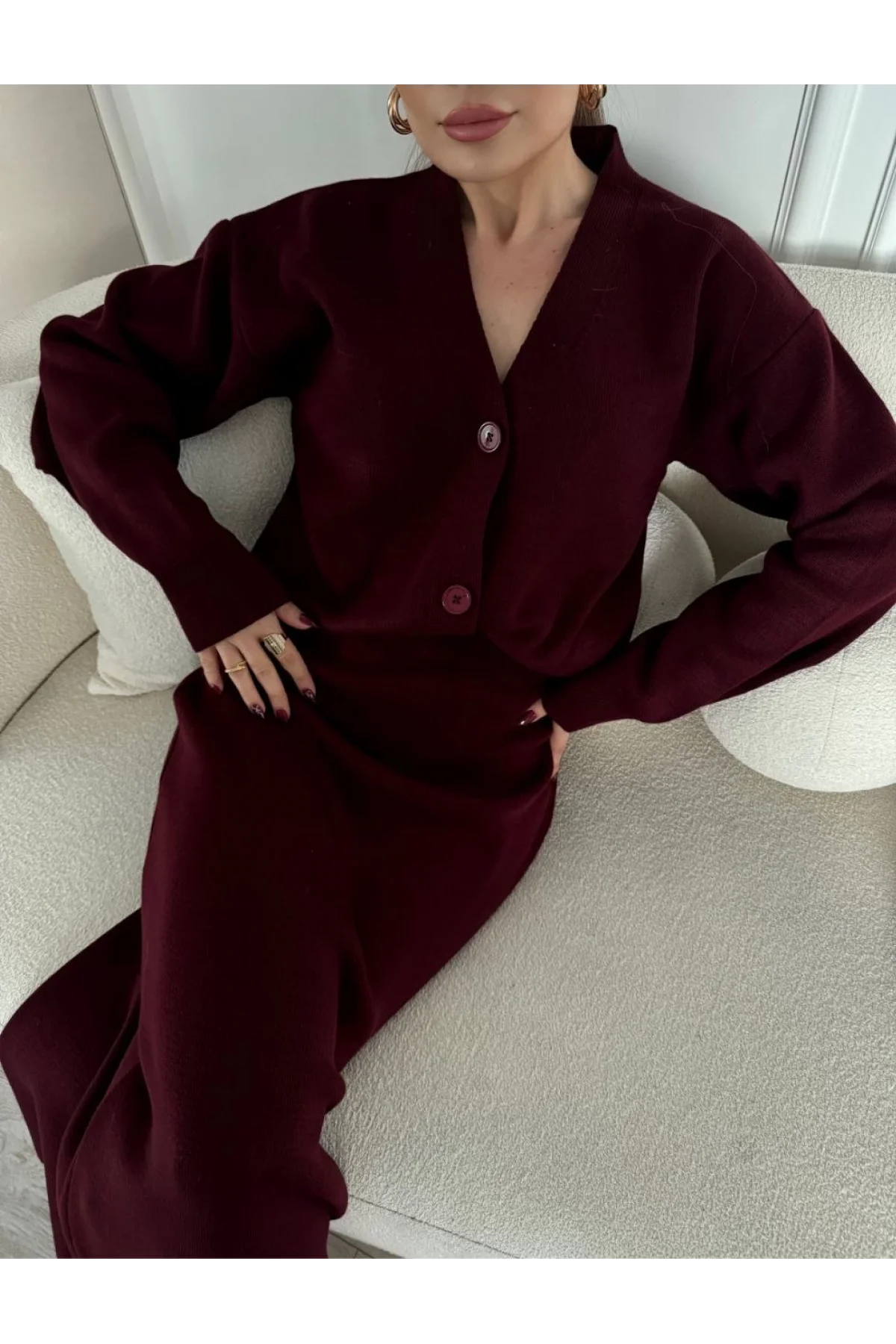 V Yaka 3 Düğmeli Hırka Takım Triko İkili Etekli - Bordo