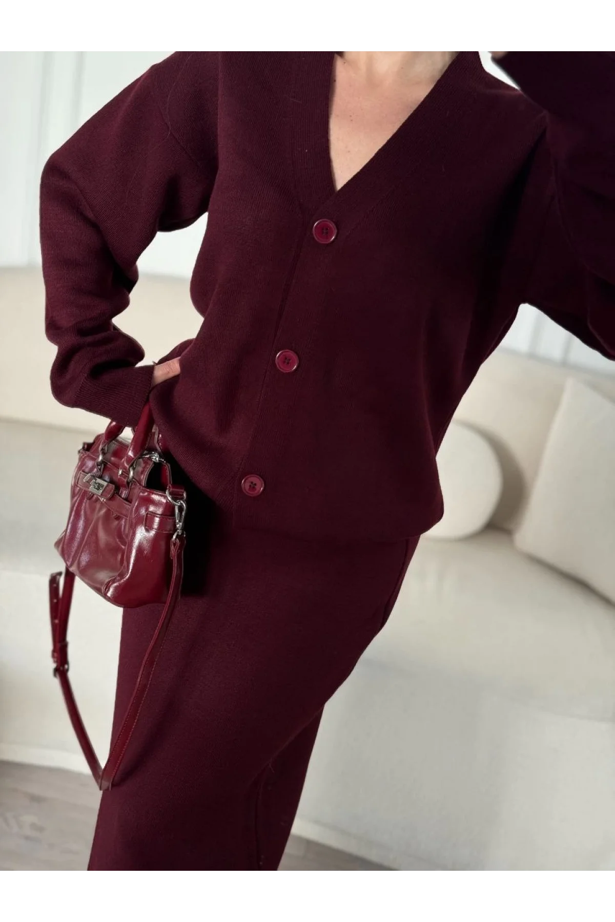V Yaka 3 Düğmeli Hırka Takım Triko İkili Etekli - Bordo