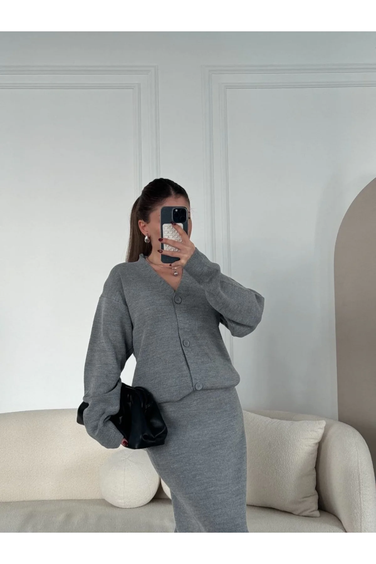 V Yaka 3 Düğmeli Hırka Takım Triko İkili Etekli - Gri