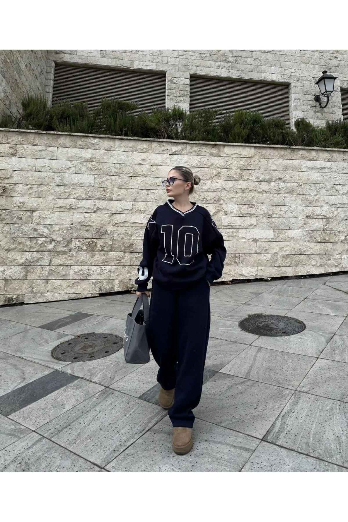 V Yaka Üç İplik Sweat Takım - Siyah