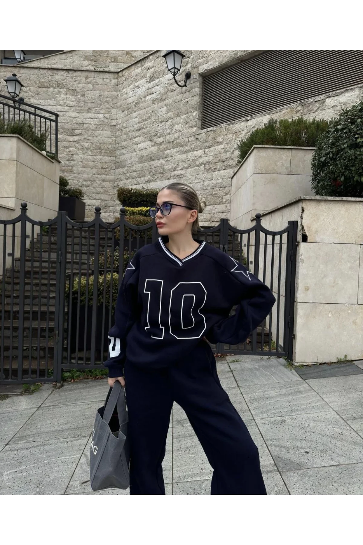 V Yaka Üç İplik Sweat Takım - Siyah