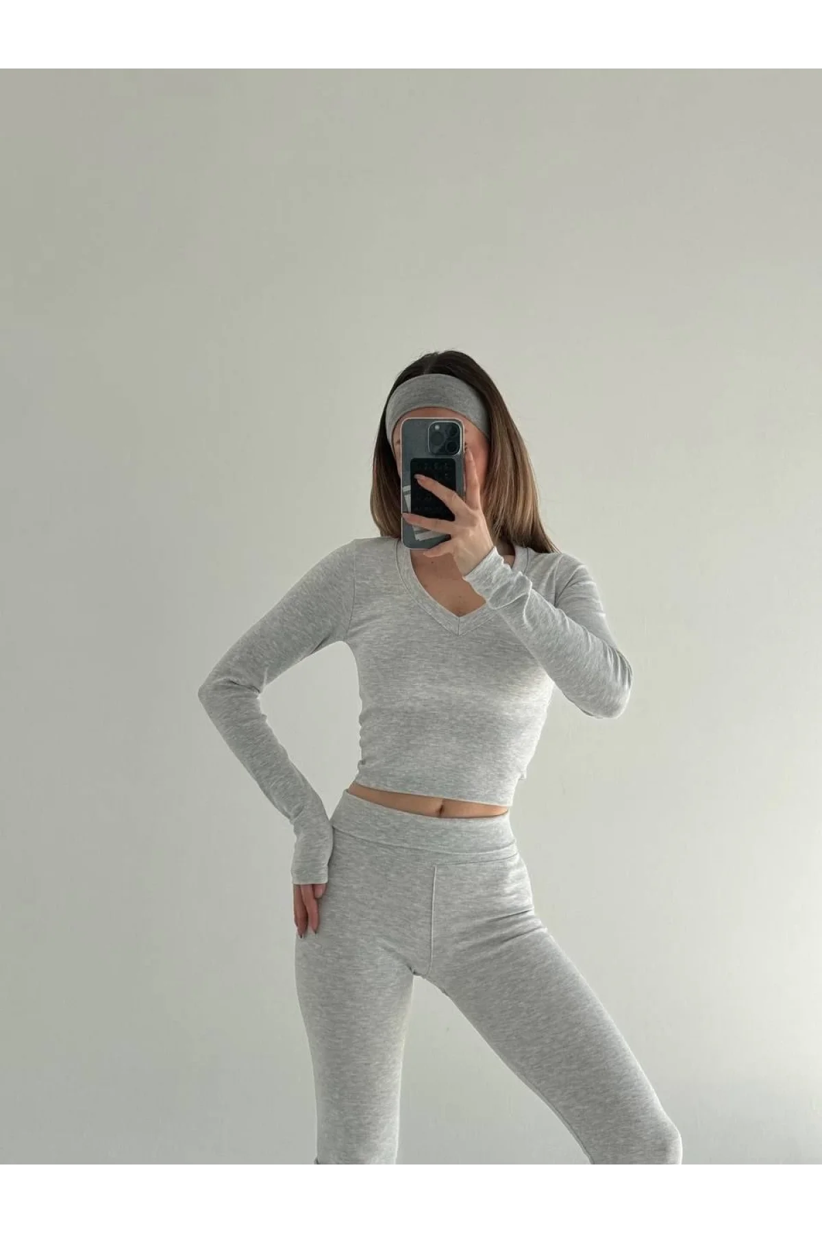 V yaka uzun kollu bluz İspanyol paçalı tayt İkili Takım - Gri