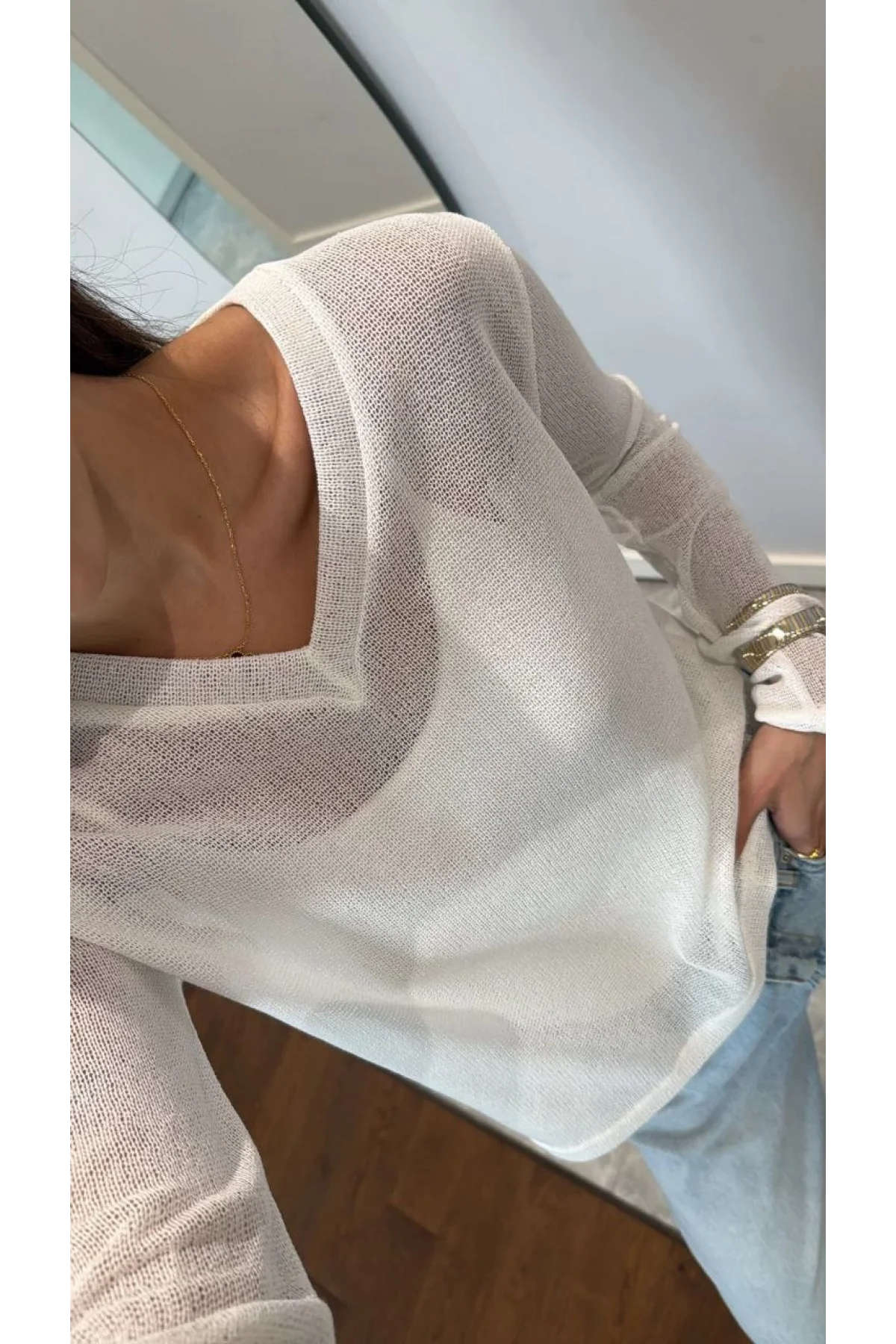 V Yaka uzun Kollu Triko ince Bluz - Beyaz