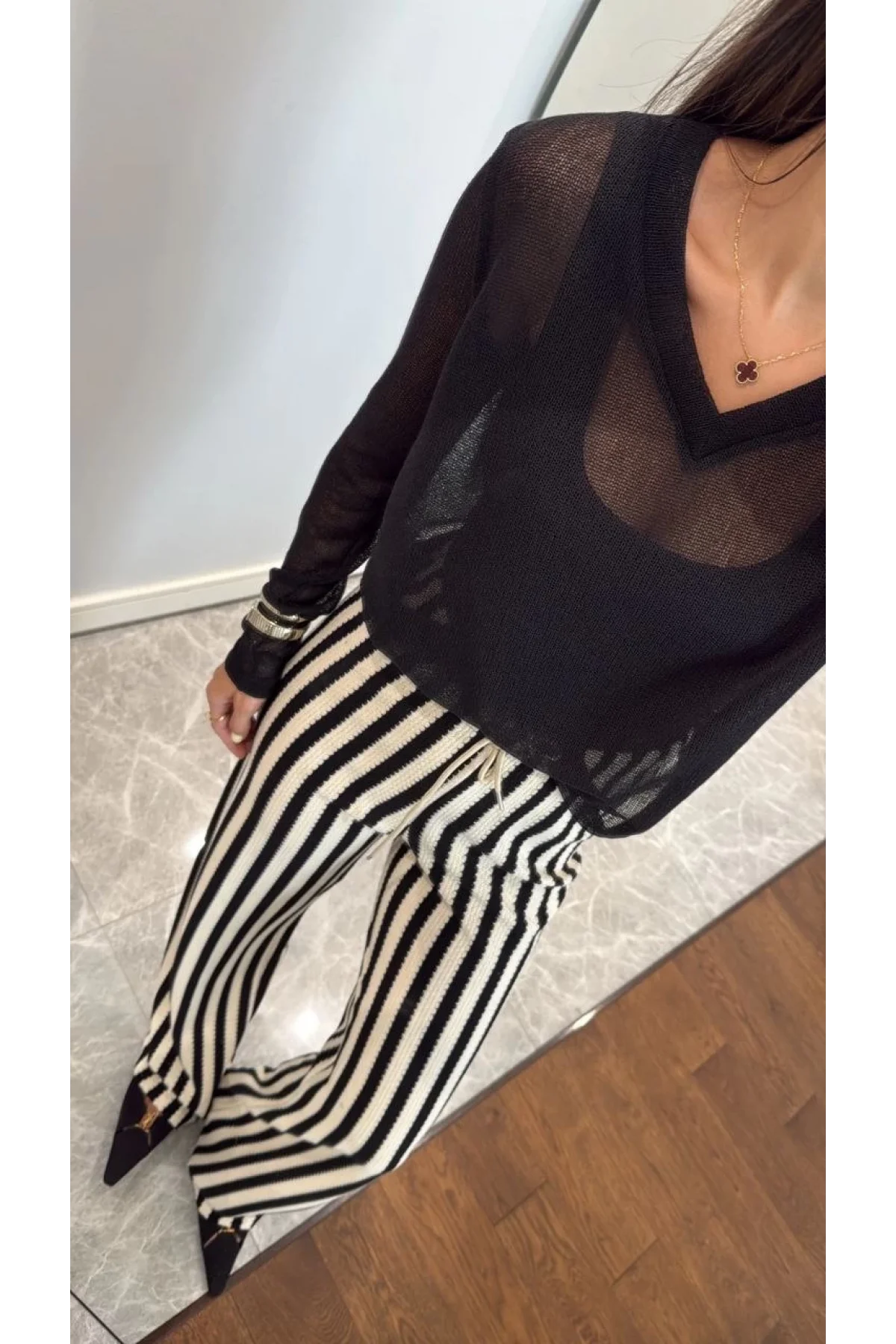 V Yaka uzun Kollu Triko ince Bluz - Siyah