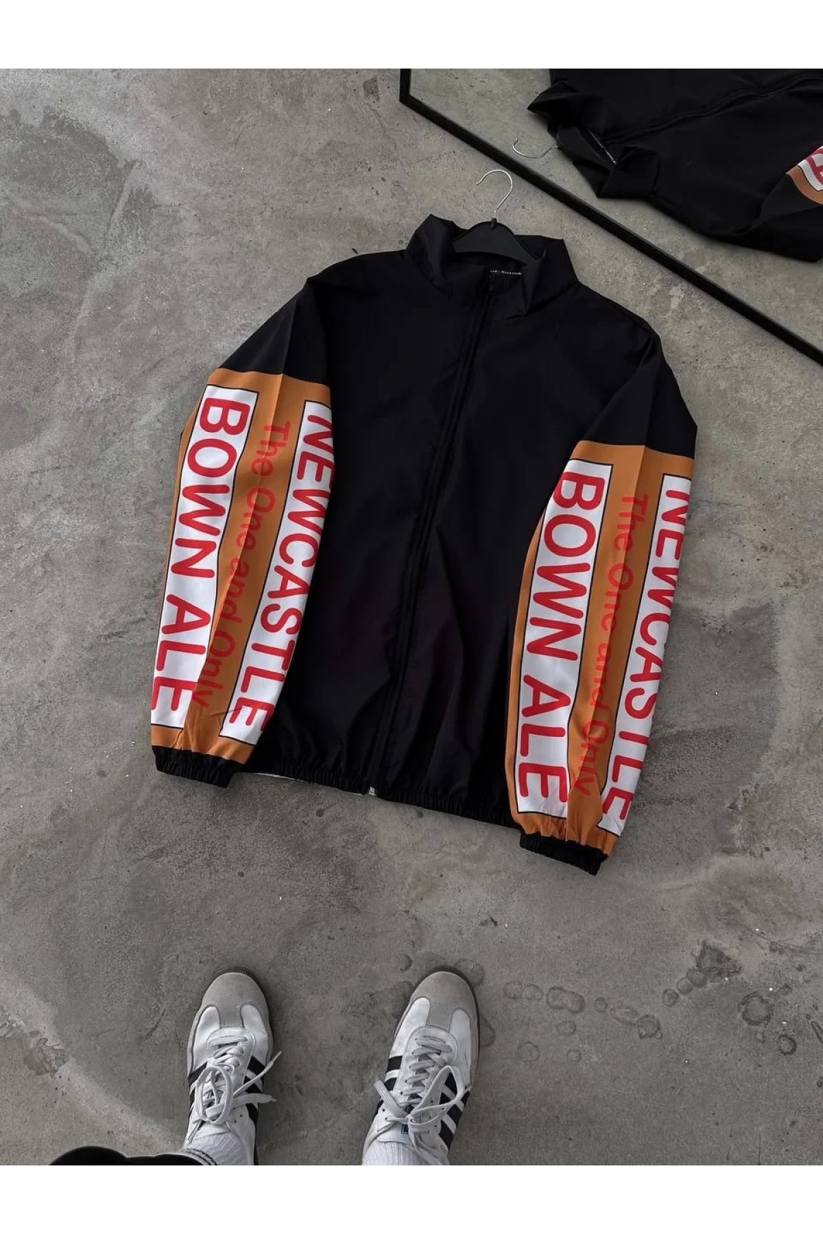 Unisex Vintage Baskılı Paraşüt Rüzgarlık - Siyah