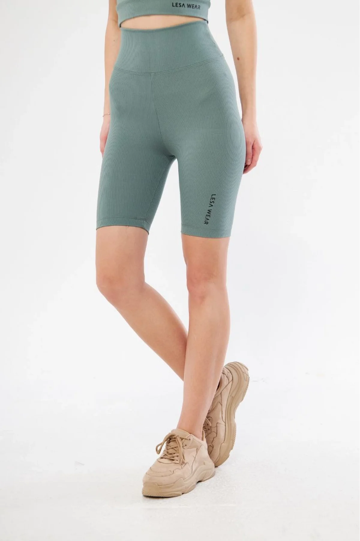 Yüksek Bel Fitilli Biker Baskılı Şort - Mint Yeşili