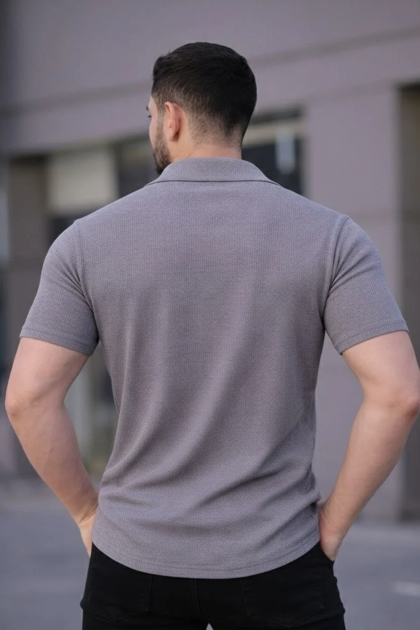 Erkek Waffle Kumaş Kısa Kollu Düğmeli Açık Yaka Regular Fit Gömlek - Gri Görsel 3