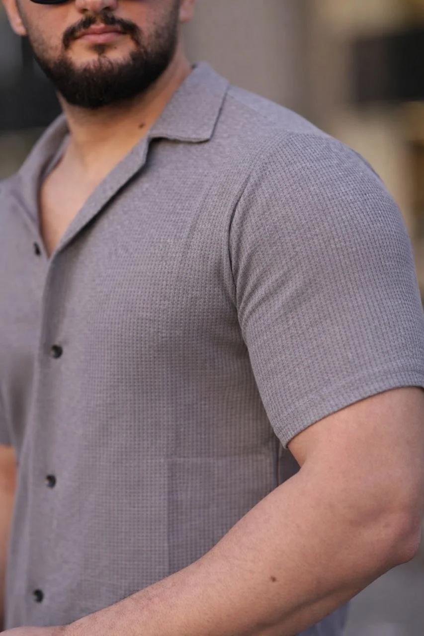 Erkek Waffle Kumaş Kısa Kollu Düğmeli Açık Yaka Regular Fit Gömlek - Gri Görsel 5