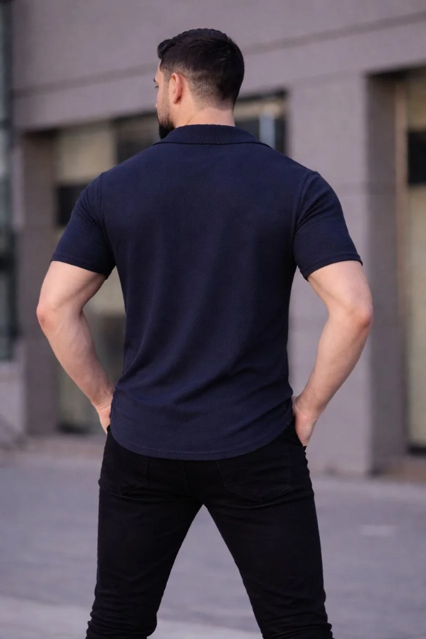 Erkek Waffle Kumaş Kısa Kollu Düğmeli Açık Yaka Regular Fit Gömlek - Lacivert Görsel 3