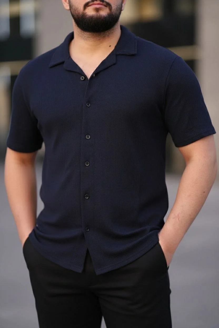 Erkek Waffle Kumaş Kısa Kollu Düğmeli Açık Yaka Regular Fit Gömlek - Lacivert Görsel 2