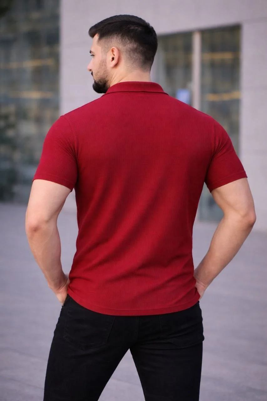 Erkek Waffle Kumaş Kısa Kollu Düğmeli Açık Yaka Regular Fit Gömlek - Kırmızı Görsel 2