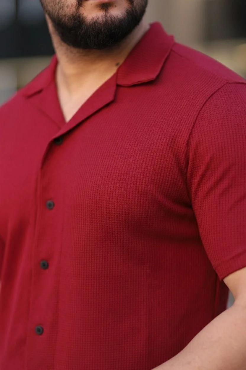 Erkek Waffle Kumaş Kısa Kollu Düğmeli Açık Yaka Regular Fit Gömlek - Kırmızı Görsel 4