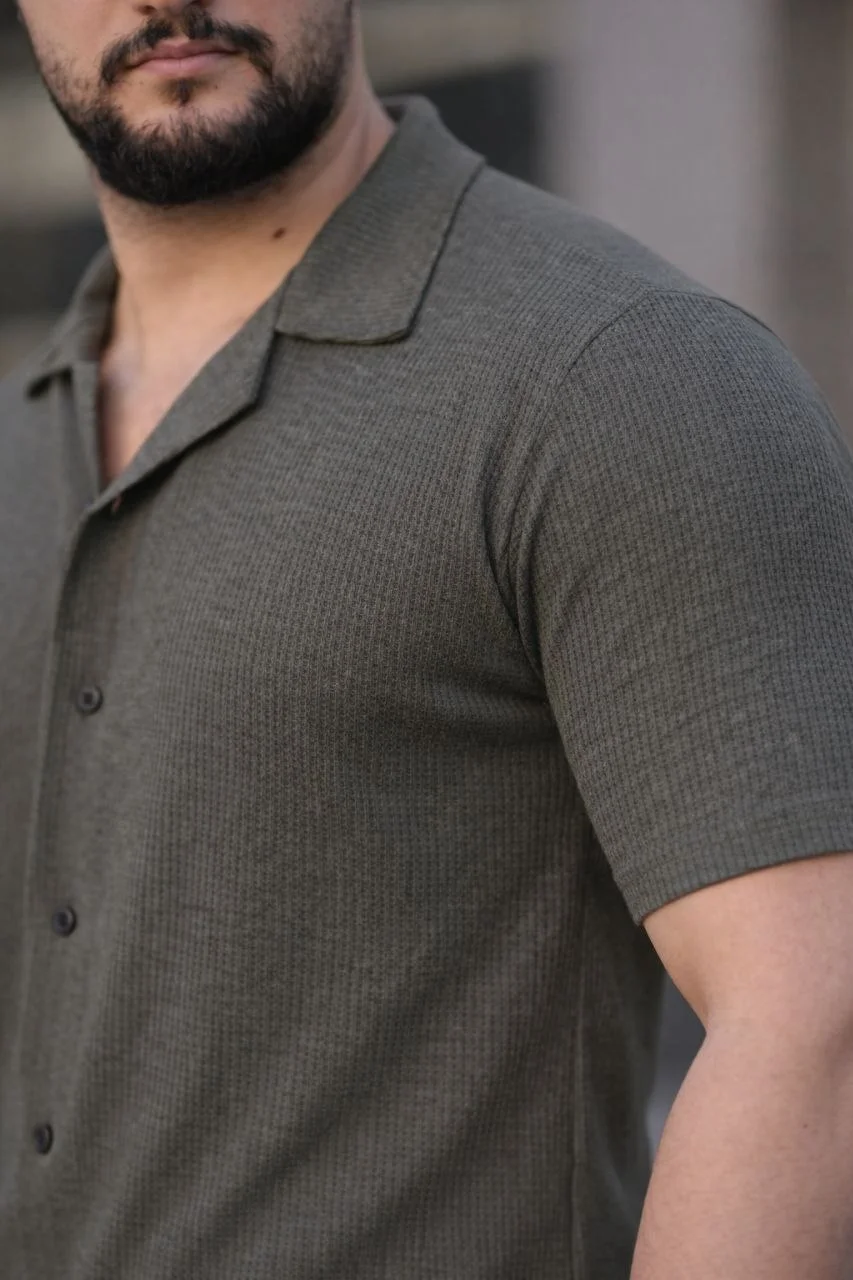Erkek Waffle Kumaş Kısa Kollu Düğmeli Açık Yaka Regular Fit Gömlek - Haki Görsel 4