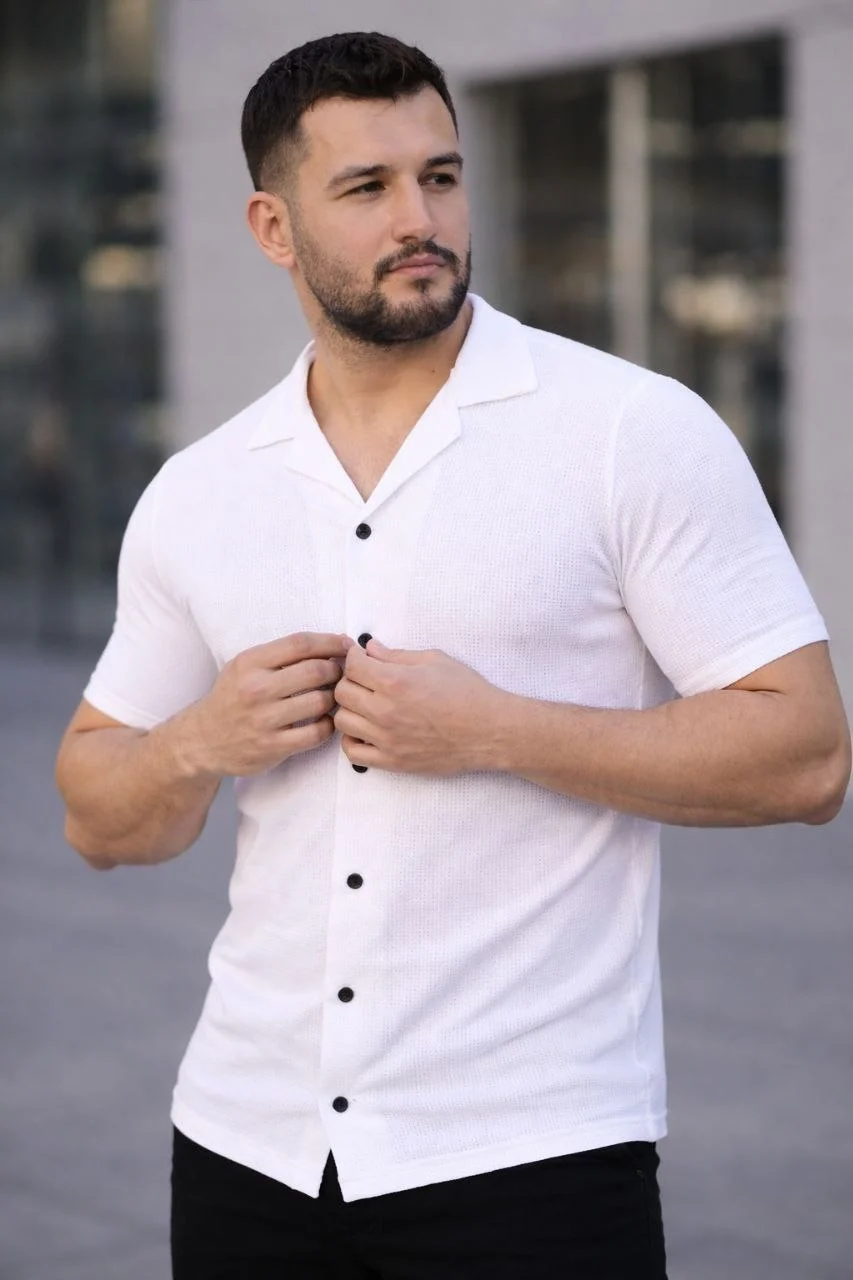 Erkek Waffle Kumaş Kısa Kollu Düğmeli Açık Yaka Regular Fit Gömlek - Beyaz Görsel 3