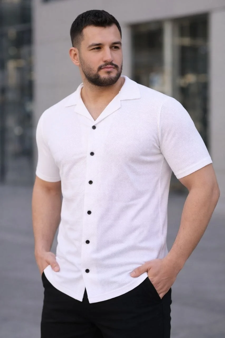 Erkek Waffle Kumaş Kısa Kollu Düğmeli Açık Yaka Regular Fit Gömlek - Beyaz Görsel 4