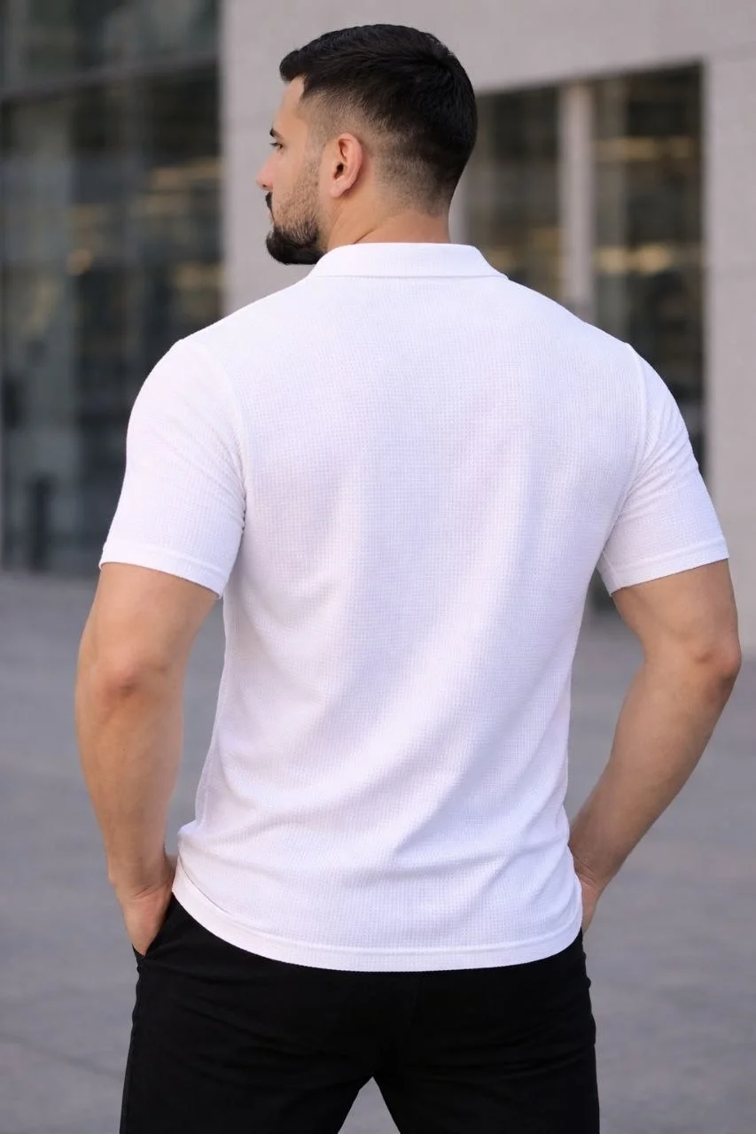 Erkek Waffle Kumaş Kısa Kollu Düğmeli Açık Yaka Regular Fit Gömlek - Beyaz Görsel 2