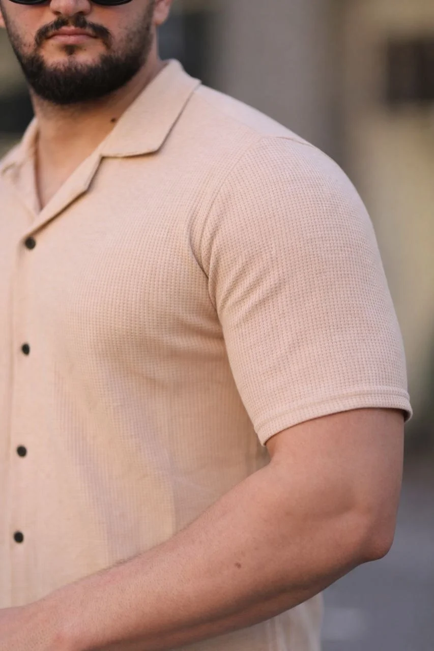 Erkek Waffle Kumaş Kısa Kollu Düğmeli Açık Yaka Regular Fit Gömlek - Bej Görsel 3