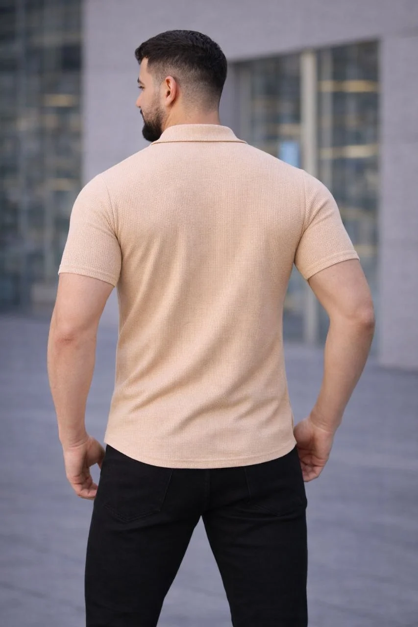 Erkek Waffle Kumaş Kısa Kollu Düğmeli Açık Yaka Regular Fit Gömlek - Bej Görsel 4
