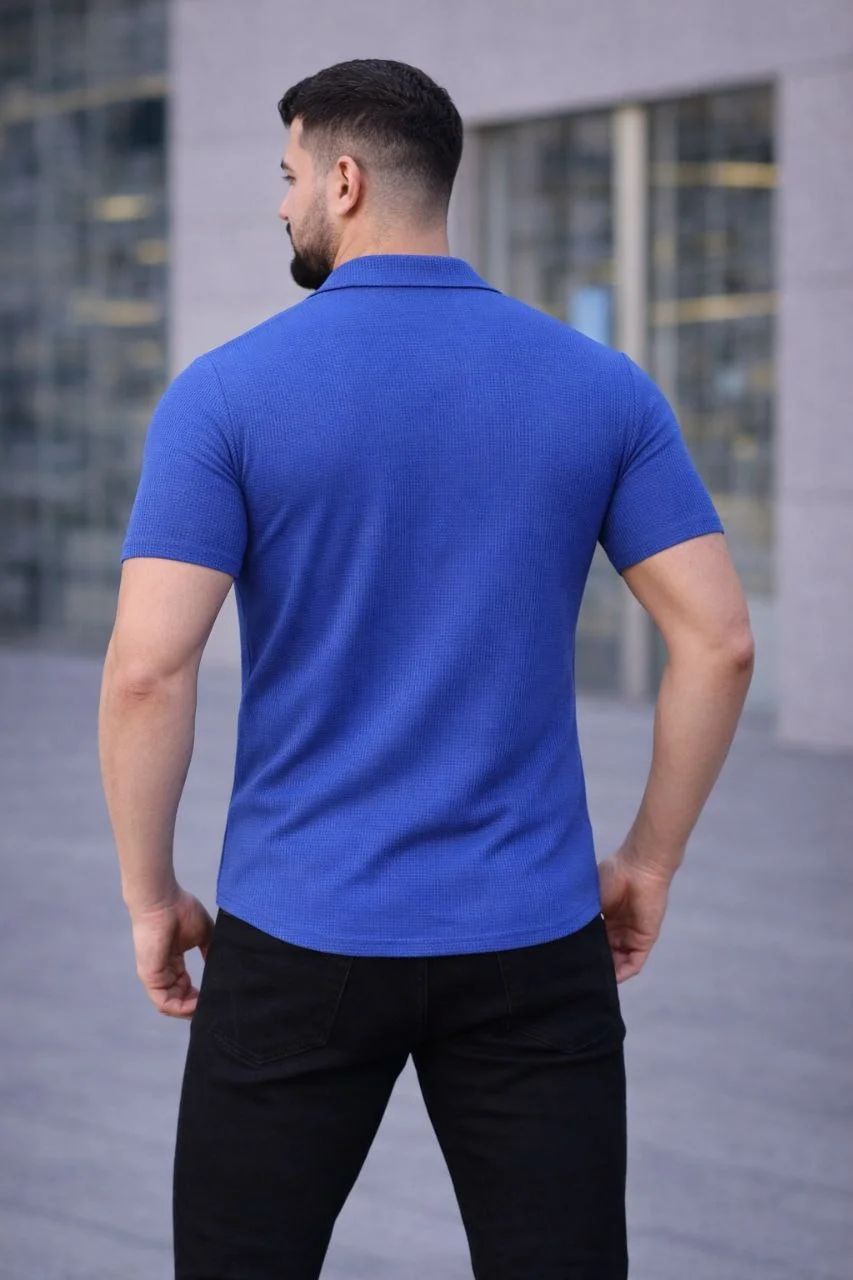 Erkek Waffle Kumaş Kısa Kollu Düğmeli Açık Yaka Regular Fit Gömlek - Saks Mavisi Görsel 2