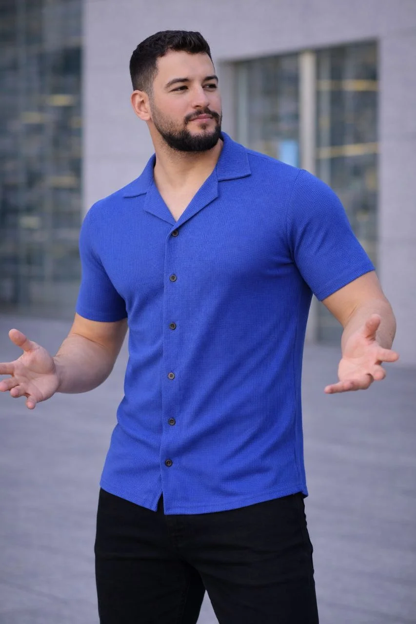 Erkek Waffle Kumaş Kısa Kollu Düğmeli Açık Yaka Regular Fit Gömlek - Saks Mavisi Görsel 3
