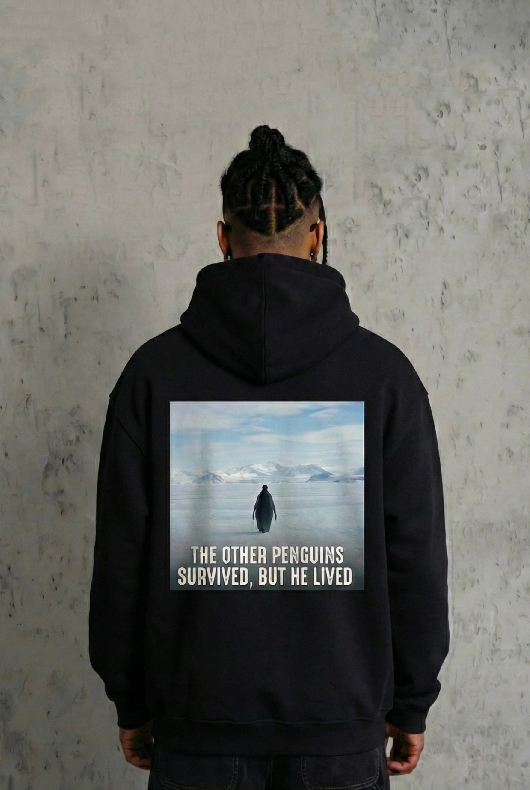 Siyah Oversize Hoodie - Sırt Baskılı "Survivor Penguin" Temalı, Felsefi Yazılı Kapüşonlu Sweatshirt - Siyah Görsel 2