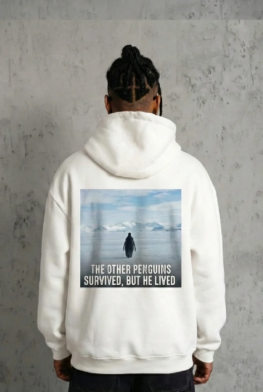Siyah Oversize Hoodie - Sırt Baskılı "Survivor Penguin" Temalı, Felsefi Yazılı Kapüşonlu Sweatshirt - Beyaz