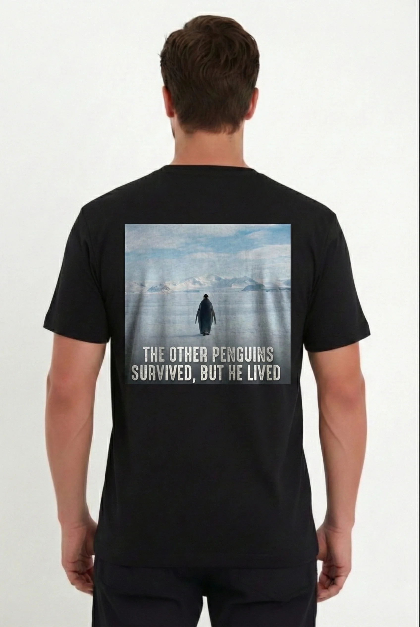 Erkek Oversize Tişört - Sırt Baskılı "Survivor Penguin" Temalı, Felsefi Yazılı Bisiklet yaka Tişört - Siyah Görsel 2